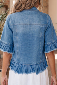 Ruffle Hem Raw Edge Half Sleeve Western Denim Jacket - KaleaBoutique.com