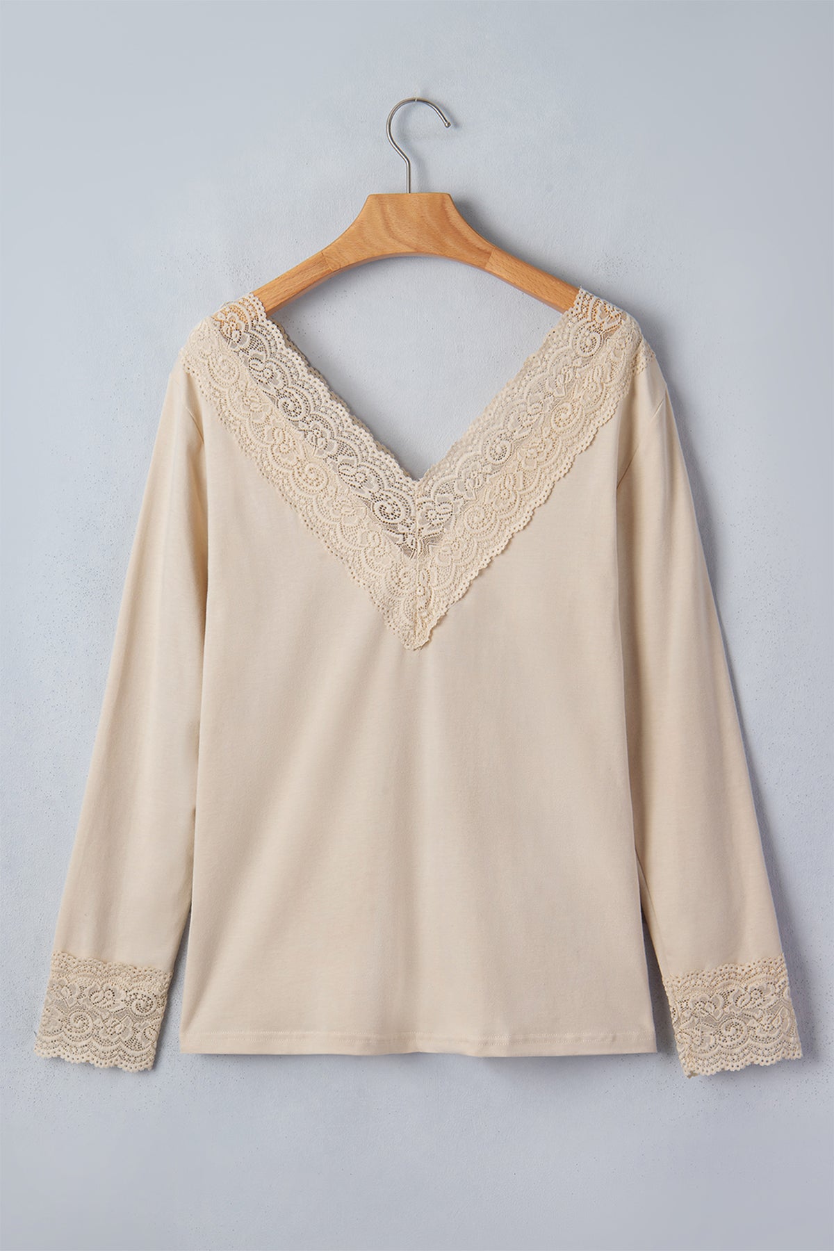 KaleaBoutique Chic Lace Trim V Neck Long Sleeve Patchwork Pullover Top - KaleaBoutique.com