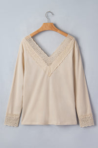 KaleaBoutique Chic Lace Trim V Neck Long Sleeve Patchwork Pullover Top - KaleaBoutique.com