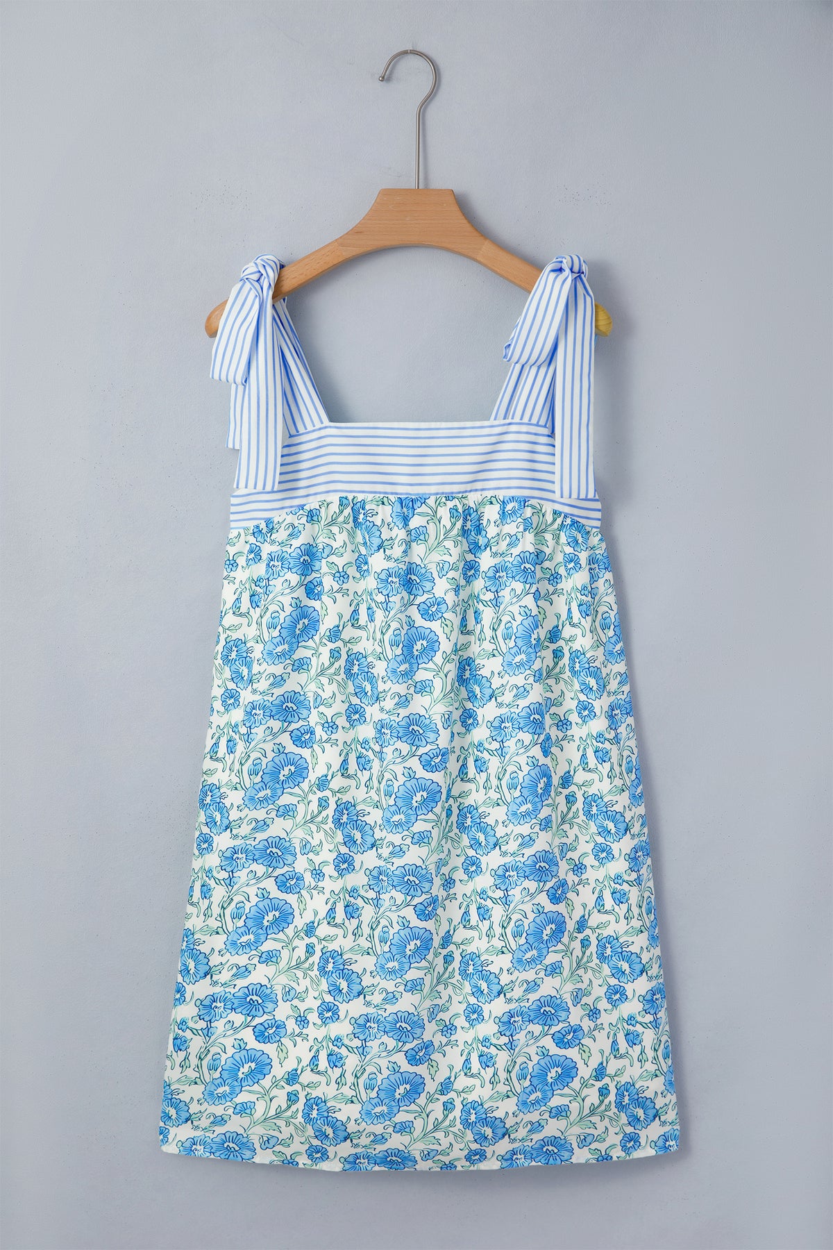 KaleaBoutique Stylish Floral Print Striped Patchwork Bow Knot Straps Mini Dress - KaleaBoutique.com