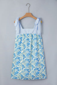 KaleaBoutique Stylish Floral Print Striped Patchwork Bow Knot Straps Mini Dress - KaleaBoutique.com