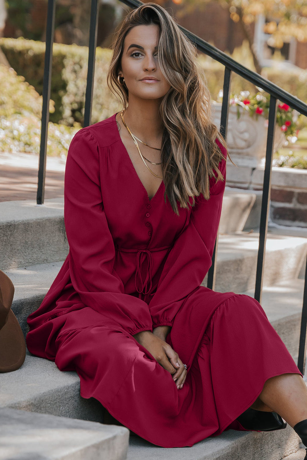 Solid Long Sleeve Button V Neck Tiered Maxi Dress - KaleaBoutique.com