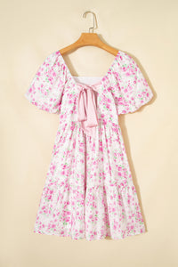 KaleaBoutique Stylish Floral Print Square Neck Ribbon Knot Back Cute Mini Dress - KaleaBoutique.com