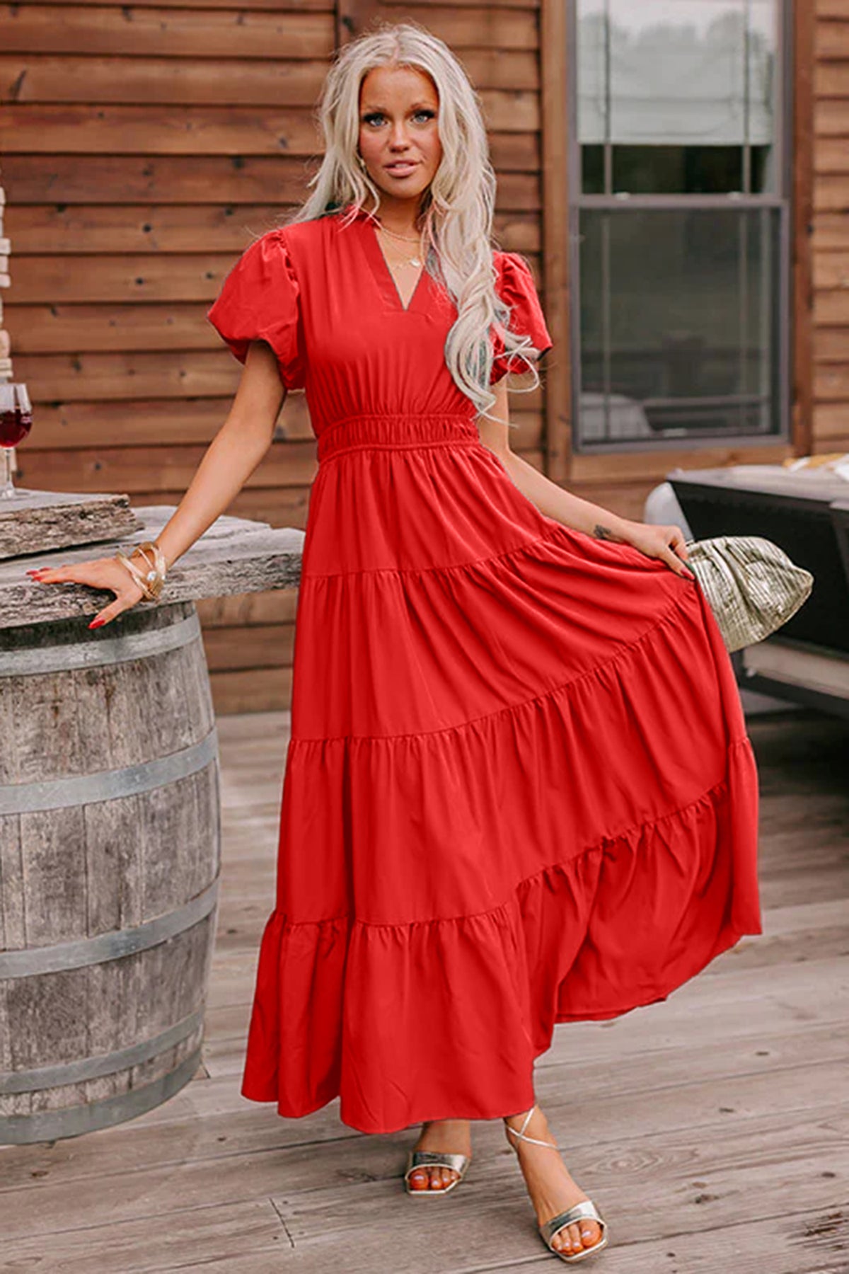 KaleaBoutique Stylish Solid Color V Neck Short Puff Sleeve High Waist Tiered Maxi Dress - KaleaBoutique.com