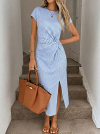 Women's Striped Short-Sleeve Twist-Waist Slit Midi Dress - KaleaBoutique.com