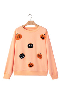 KaleaBoutique Stylish Orange Embroidered Pumpkin Face Drop Shoulder Sweatshirt - KaleaBoutique.com