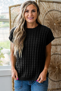 KaleaBoutique Comfortable Solid Color Round Neck Textured Short Sleeve Sweater - KaleaBoutique.com