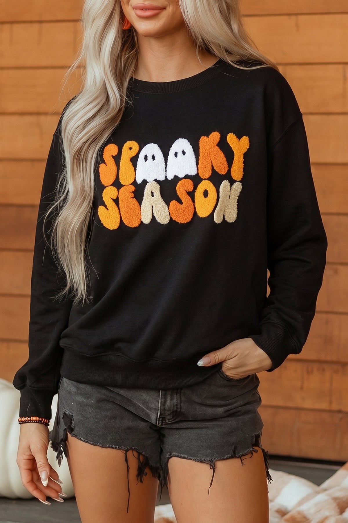 KaleaBoutique Stylish Embroidered Spooky Season Graphic Long Sleeve Round Neck Pullover Sweatshirt - KaleaBoutique.com