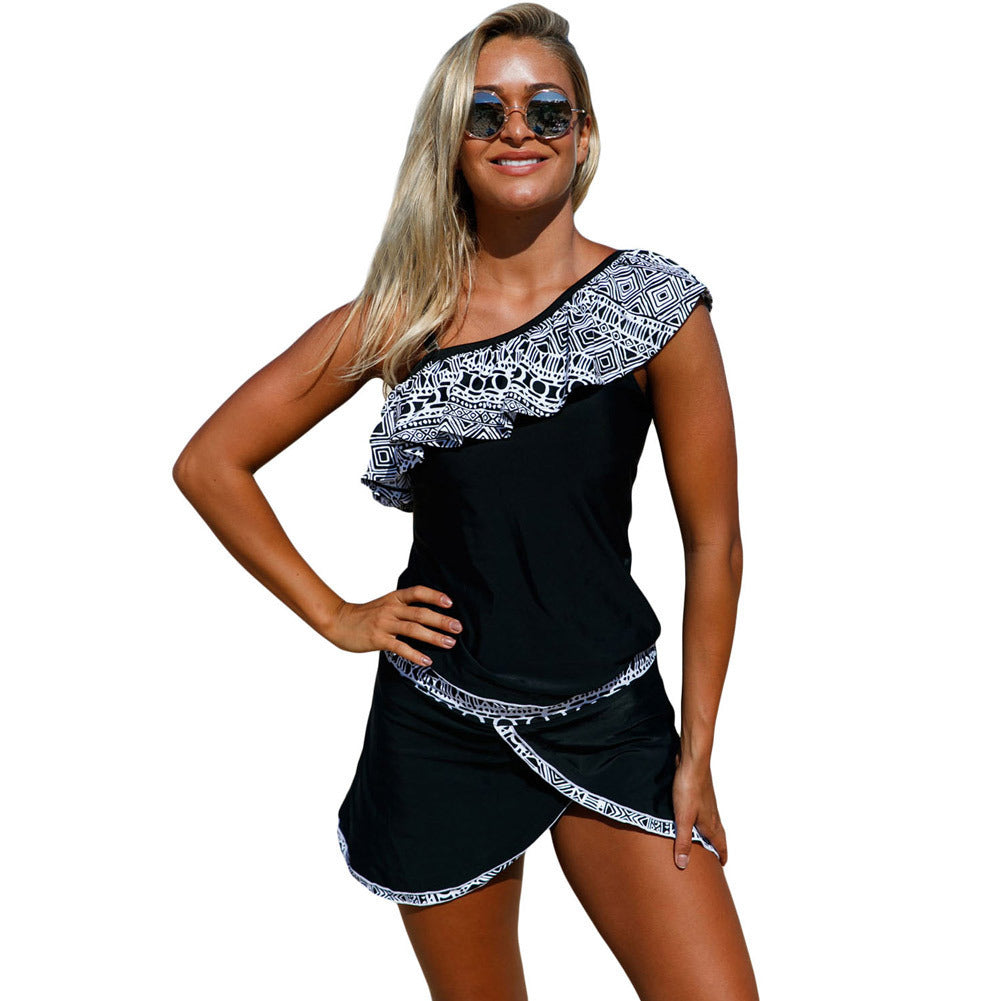 Women's Geometric Ruffle Asymmetric Top and Swim Skirt 2 PC Tankini Set - KaleaBoutique.com