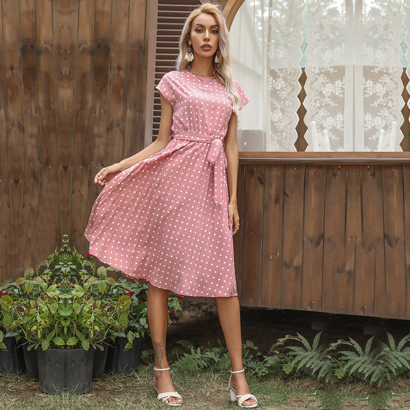 Women's Polka-Dot Round-Neck Tie-Waist Midi Dress - KaleaBoutique.com