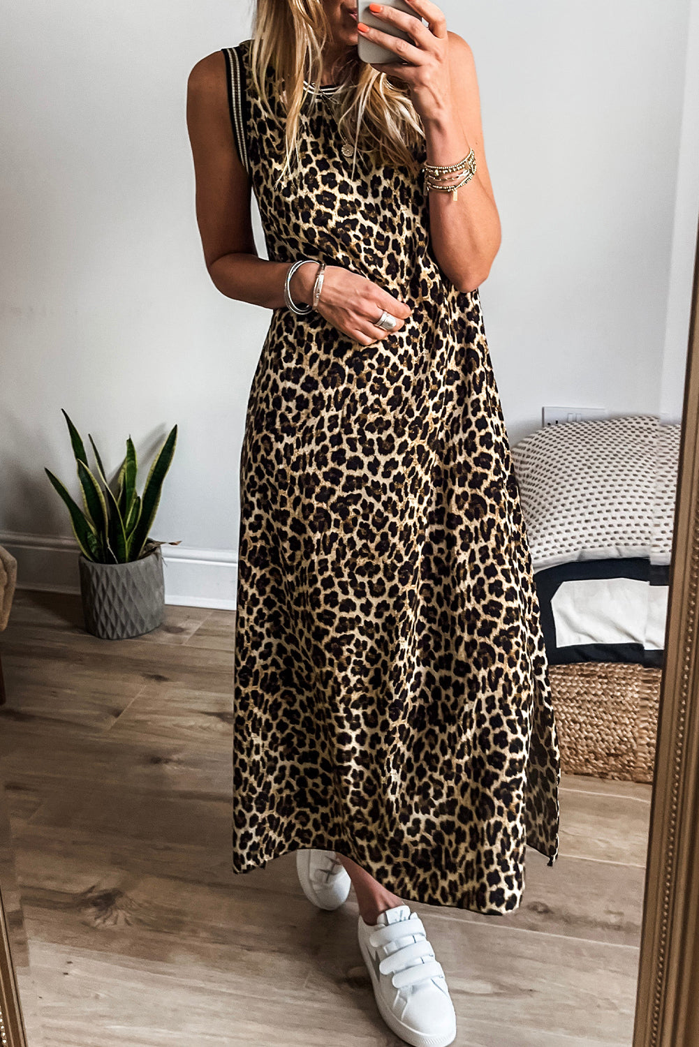 KaleaBoutique Stylish Contrast Striped Trim Leopard Sleeveless Maxi Dress - KaleaBoutique.com
