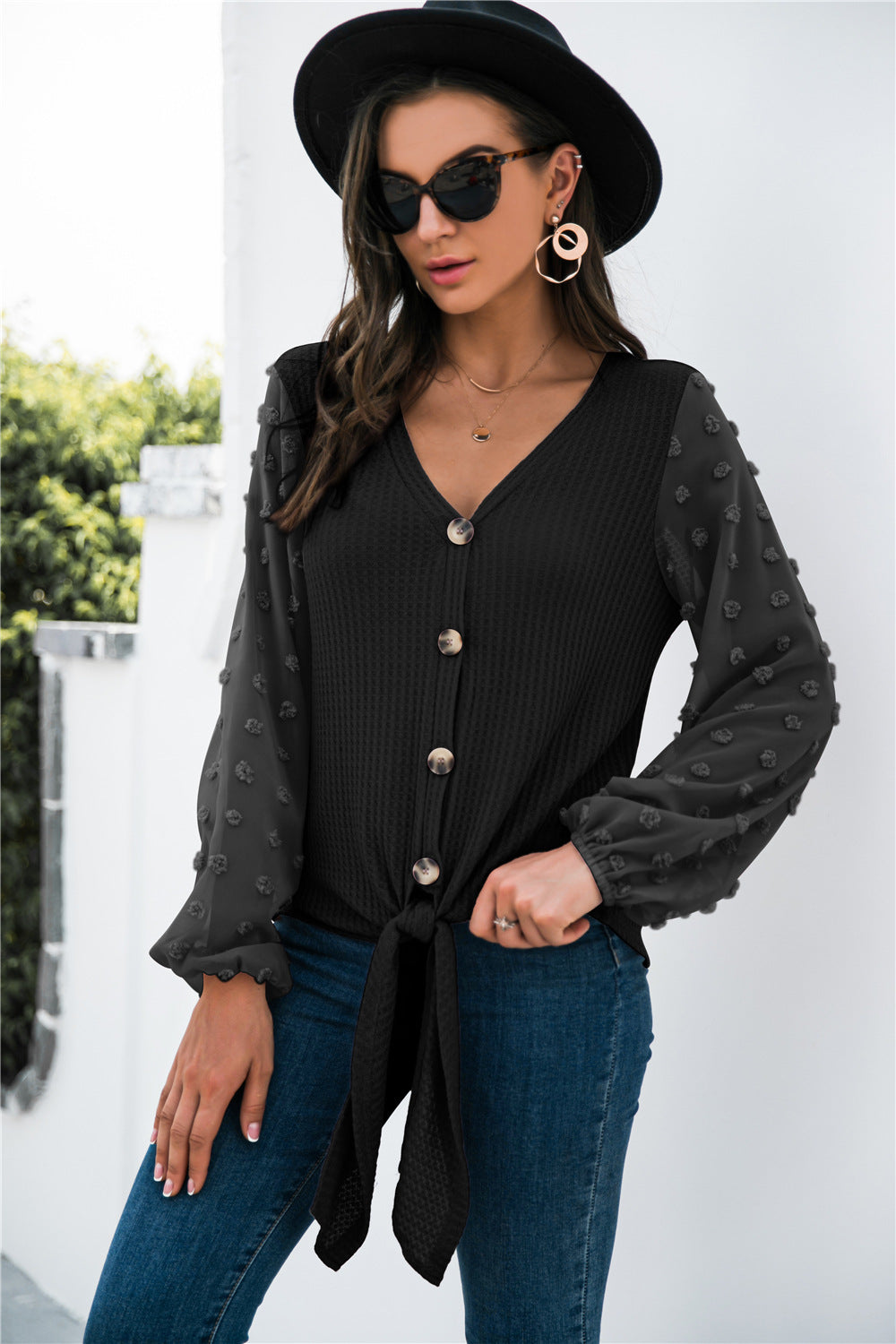 Women's V-Neck Tie-Front Top with Sheer Dotted Sleeves - KaleaBoutique.com