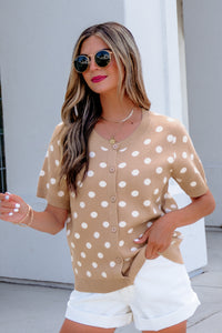KaleaBoutique Comfortable Polka Dot Short Sleeve Button Down Sweater Cardigan - KaleaBoutique.com