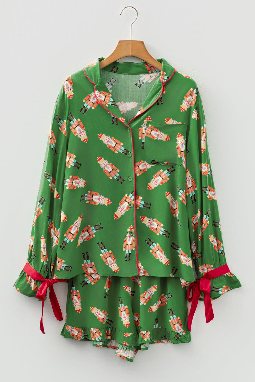 KaleaBoutique Stylish Christmas Candy Contrast Trim Bow Knot Silky 2pcs Pajama Set - KaleaBoutique.com