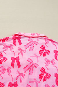 KaleaBoutique Stylish Bow Knot Print Lapel Collar Short Sleeve and Pants Pajamas Set - KaleaBoutique.com