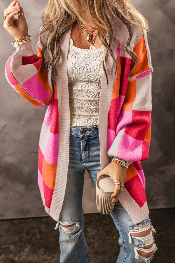 KaleaBoutique Stylish Light Checkered Drop Shoulder Exposed Seam Open Front Cardigan - KaleaBoutique.com