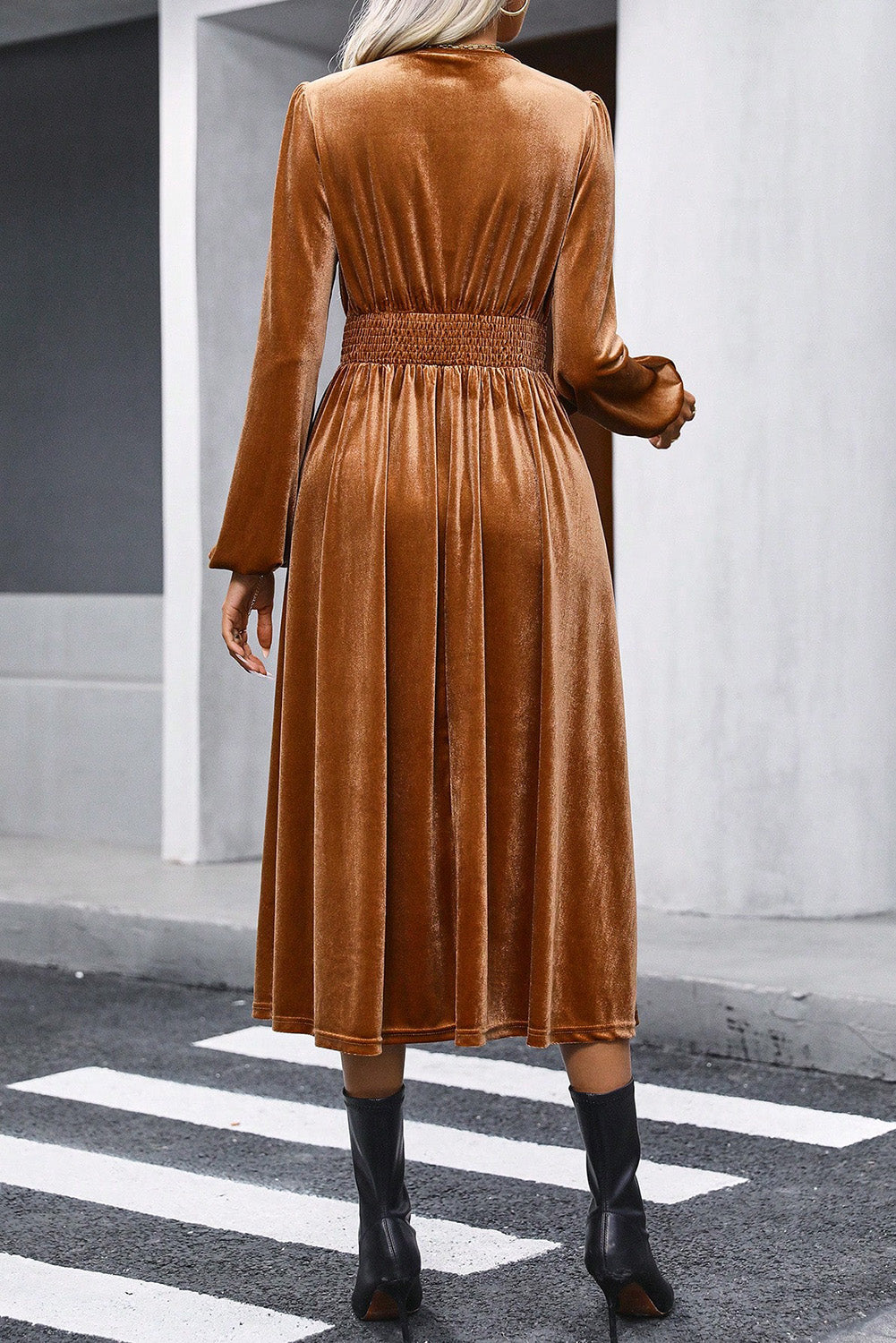 KaleaBoutique Wrap V Neck Smocked High Waist Velvet Midi Dress Camel / (US 8-10)M