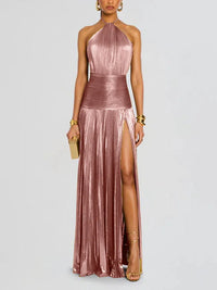 Women's Metallic-Look Pleated Halter-Neck Slit Maxi Dress - KaleaBoutique.com