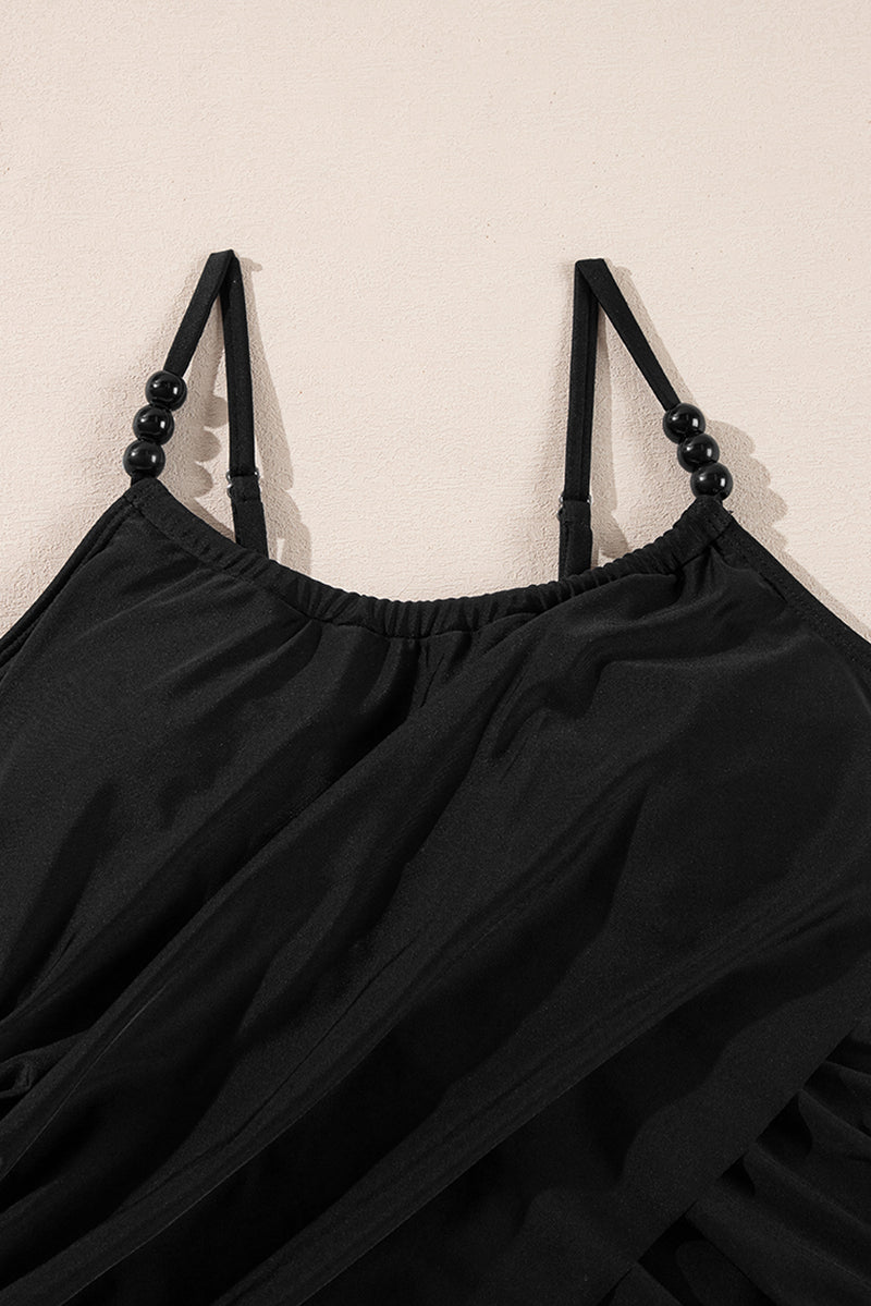 KaleaBoutique Beaded Spaghetti Straps Ruched Overlapped Colorblock One Piece Swimsuit - KaleaBoutique.com