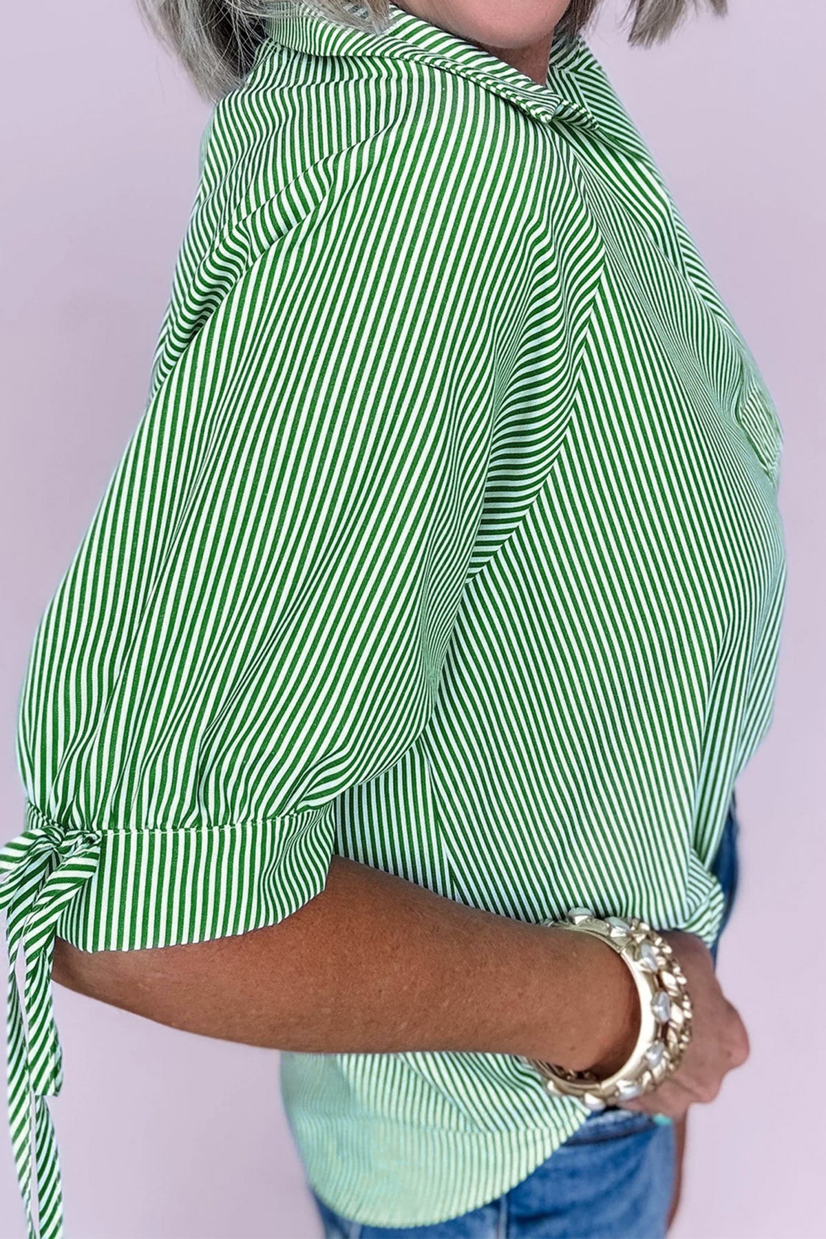 KaleaBoutique Stylish Striped Print Collared Split Neck Half Sleeve Blouse - KaleaBoutique.com