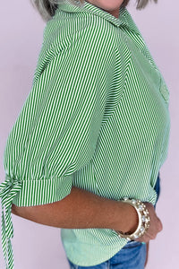 KaleaBoutique Stylish Striped Print Collared Split Neck Half Sleeve Blouse - KaleaBoutique.com