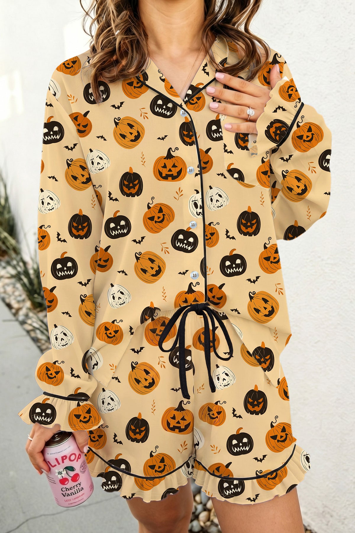 KaleaBoutique Stylish Long Sleeve Ruffle Pumpkin Face Print Two Piece Lounge Set - KaleaBoutique.com