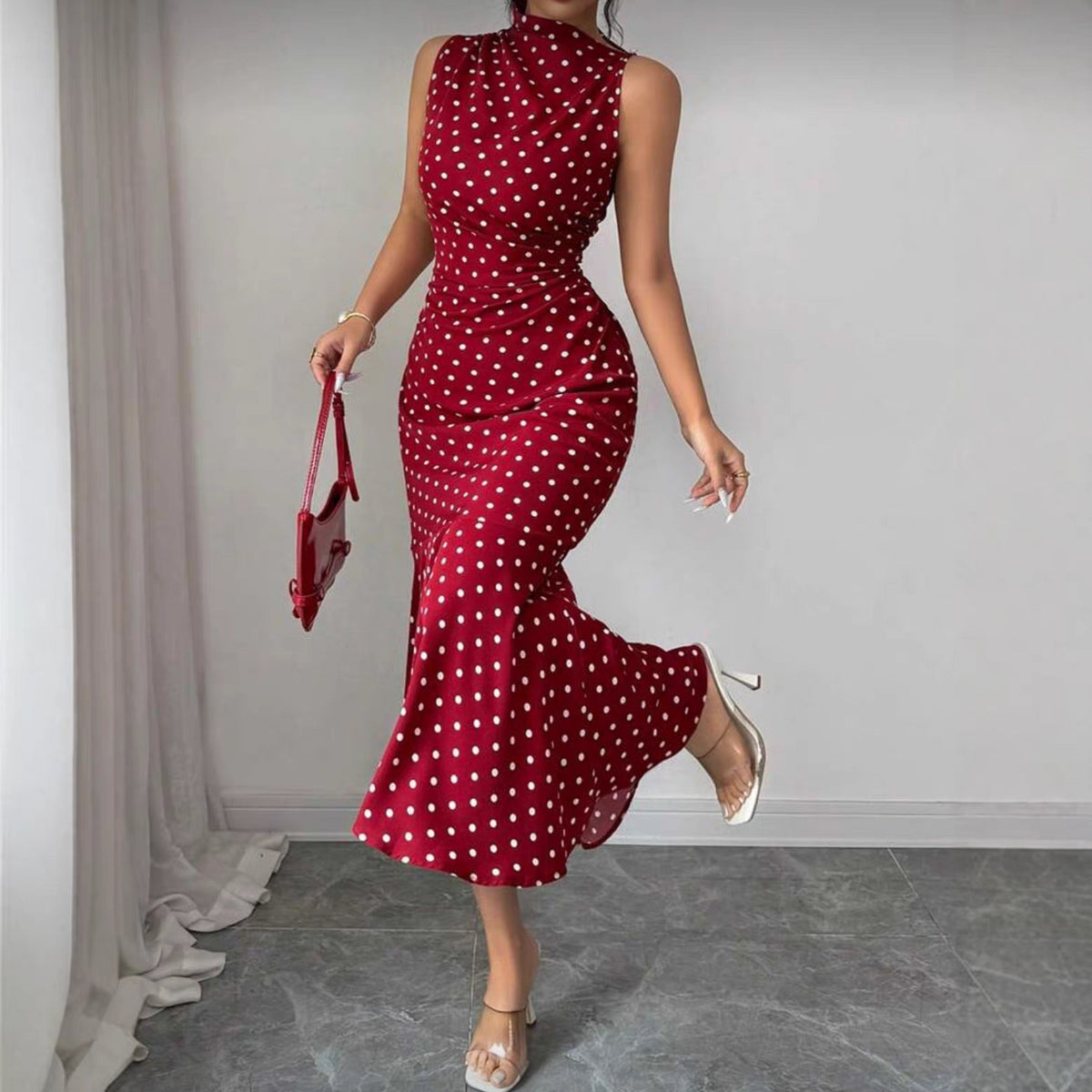 Women's Red Polka-Dot High-Neck Sleeveless Fishtail Dress - KaleaBoutique.com