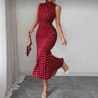 Women's Red Polka-Dot High-Neck Sleeveless Fishtail Dress - KaleaBoutique.com