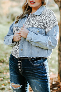 Blue Plus Size Leopard Ripped Cropped Denim Jacket - KaleaBoutique.com