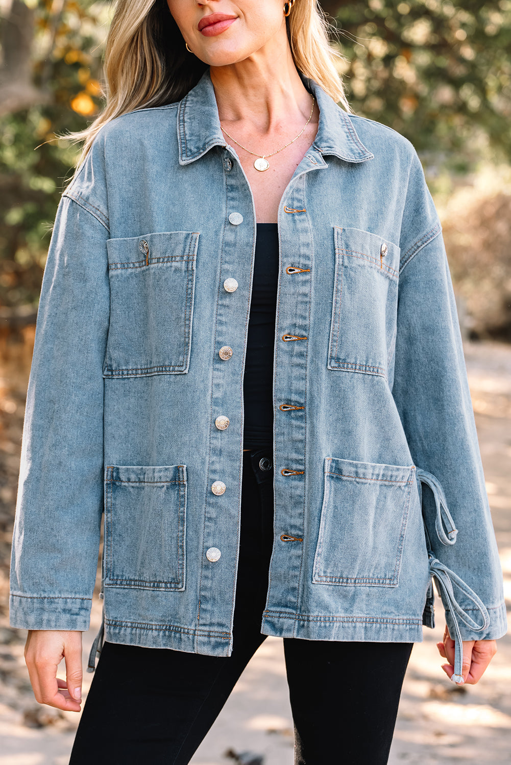 Multi Patched Pockets Side Tie up Boyfriend Style Denim Jacket - KaleaBoutique.com