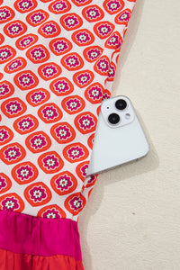 KaleaBoutique Stylish Geometric Floral Print Color Block Trim Button Front Ruffle Hem Dress - KaleaBoutique.com