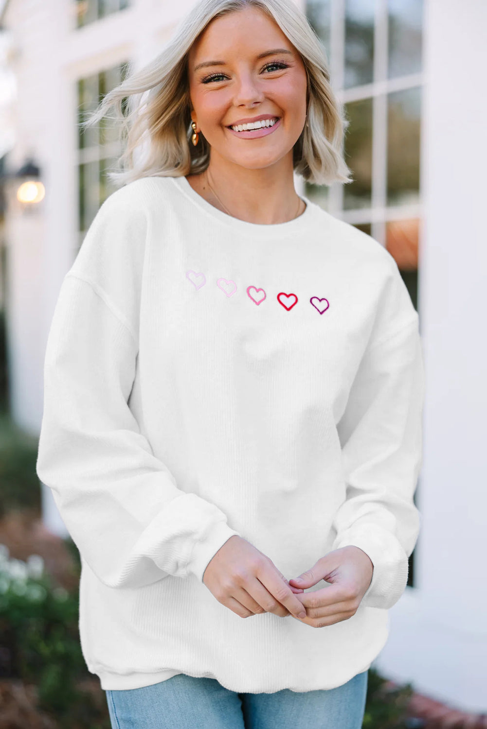 3d Ribbed XOXO Heart Embroidered Drop Shoulder Sweatshirt - KaleaBoutique.com