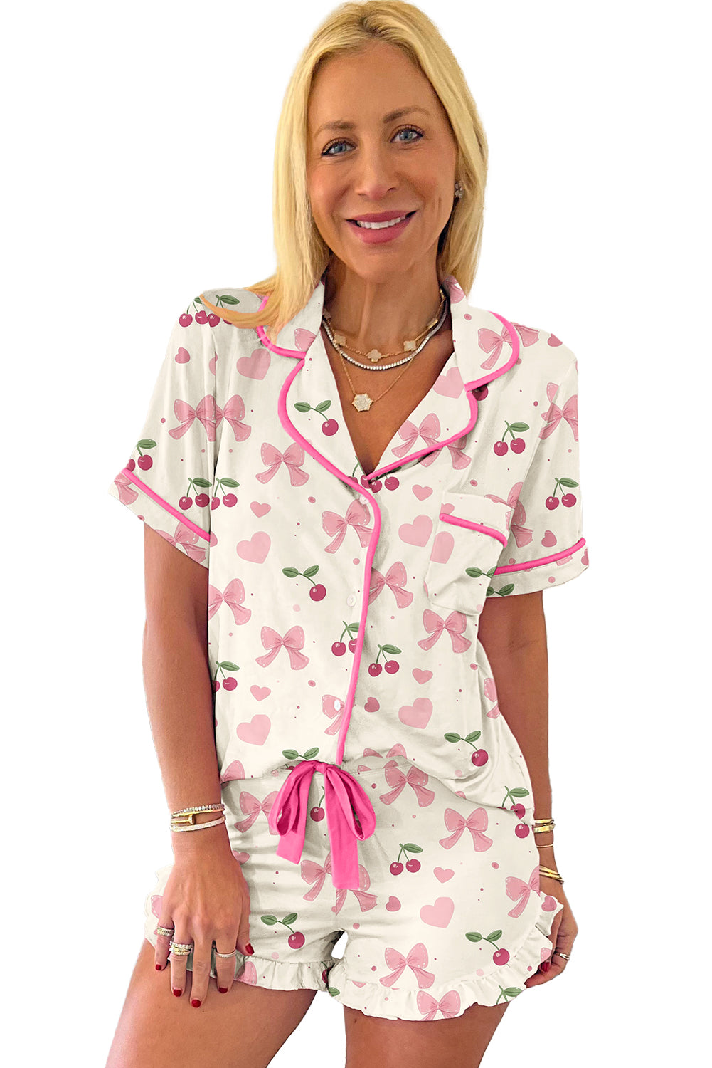KaleaBoutique Comfortable Bow Fruit Print Contrast Pipping Short Pajamas Set - KaleaBoutique.com