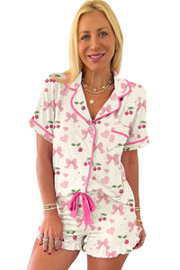 KaleaBoutique Comfortable Bow Fruit Print Contrast Pipping Short Pajamas Set - KaleaBoutique.com