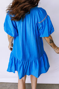 KaleaBoutique Stylish Flower Embroidered Split Neck Short Puff Sleeve Ruffle Hem Dress - KaleaBoutique.com