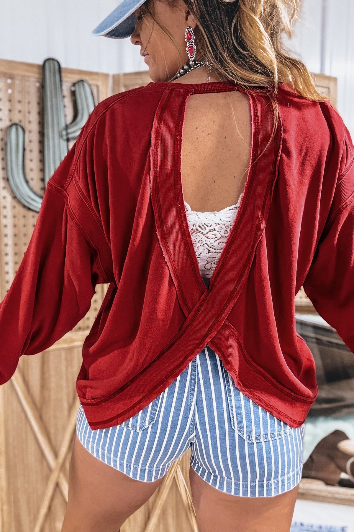 KaleaBoutique Stylish Ribbed Detail Drop Shoulder Cutout Back Sweatshirt - KaleaBoutique.com