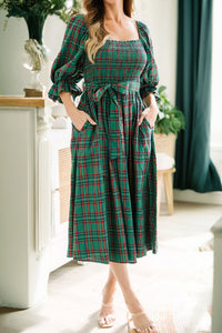 Tartan Plaid Square Neck Puff Sleeve Knot Waist Flared Midi Dress - KaleaBoutique.com