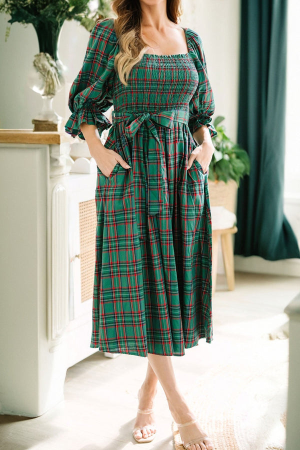 Beautiful Tartan Plaid Square Neck Puff Sleeve Knot Waist Flared Midi Dress - KaleaBoutique.com