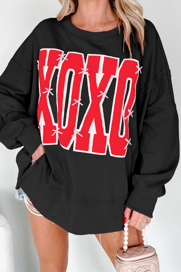 KaleaBoutique Stylish Bow Sequin XOXO Letter Graphic Exposed Seam Baggy Sweatshirt - KaleaBoutique.com