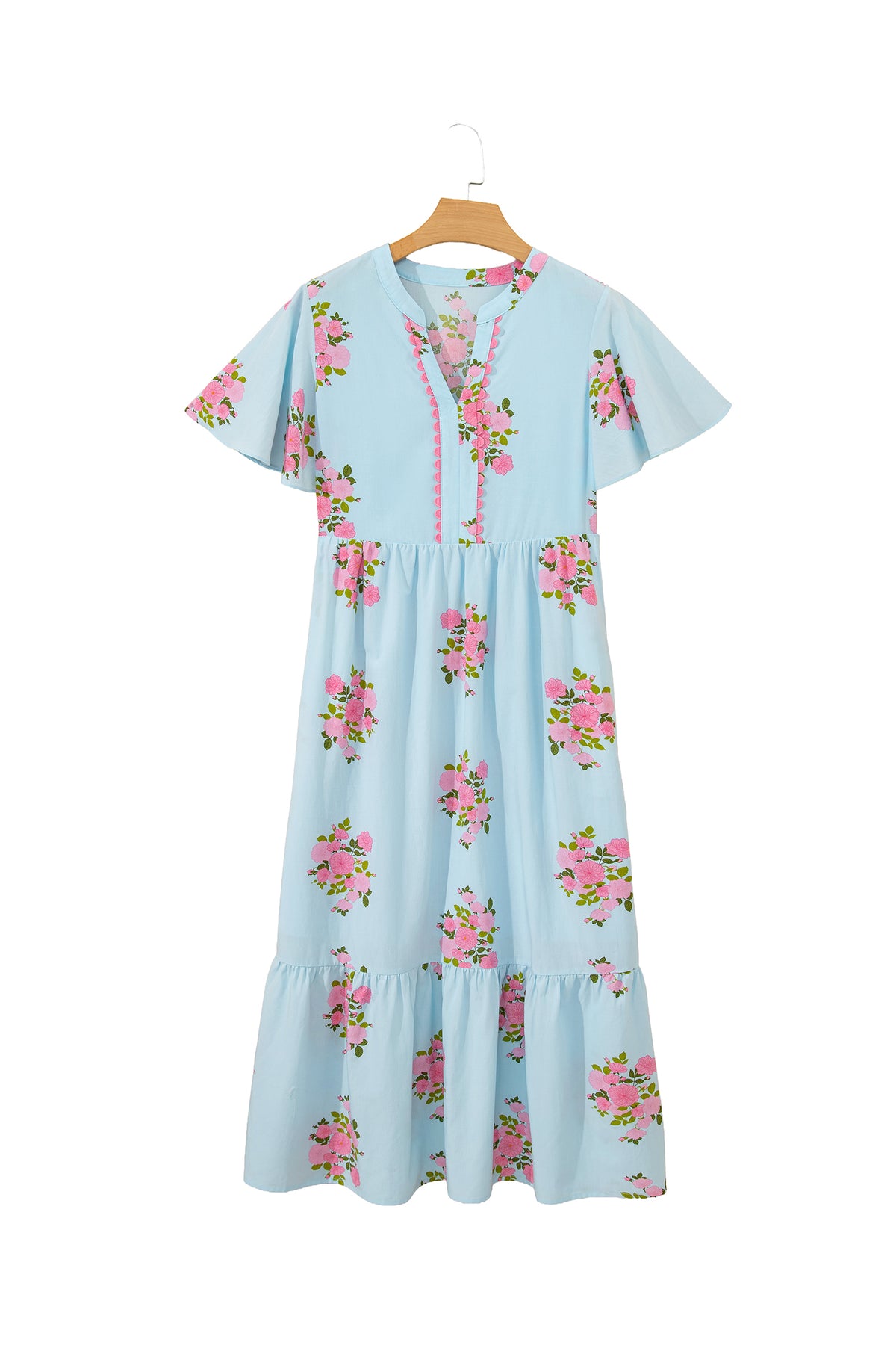 KaleaBoutique Comfortable Notched Neck Flutter Short Sleeve Floral Print Maxi Dress
