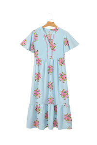 KaleaBoutique Comfortable Notched Neck Flutter Short Sleeve Floral Print Maxi Dress