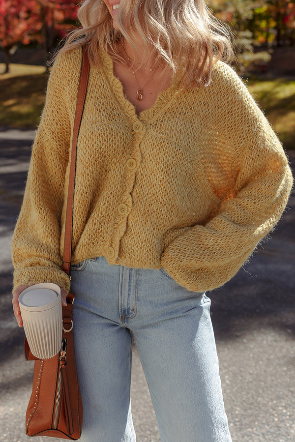KaleaBoutique Stylish Lantern Sleeve Scallop V Neck Buttoned Front Cardigan - KaleaBoutique.com