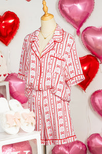 KaleaBoutique Stylish Cute Bow Heart Print Ribbon Decor Short 2pcs Pajama Set - KaleaBoutique.com