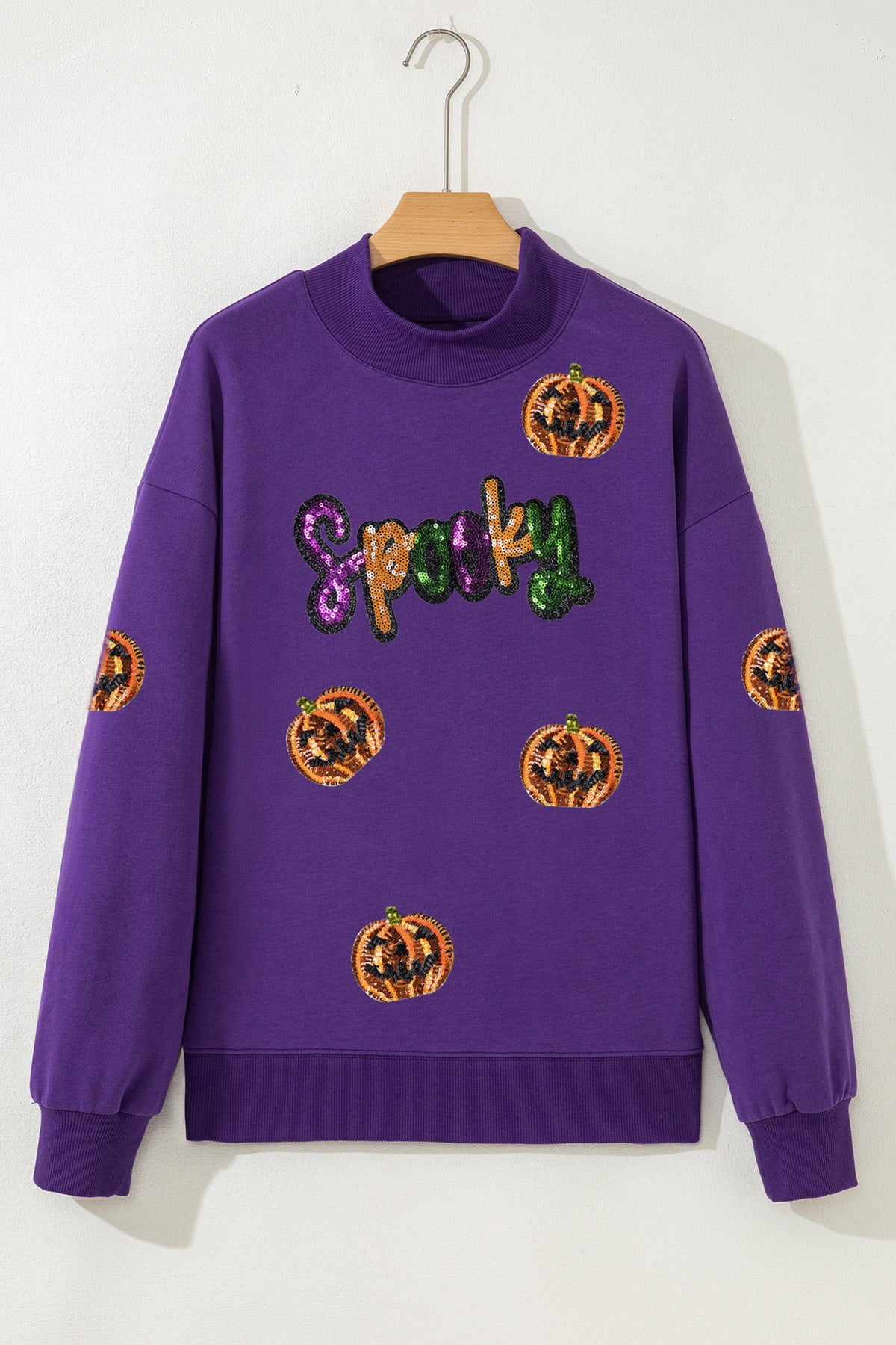 Purple Sequin Pumpkin SPOOKY Mock Neck Halloween Sweatshirt - KaleaBoutique.com