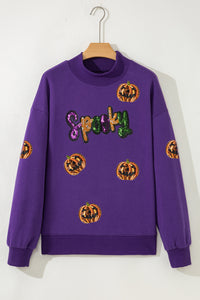 Purple Sequin Pumpkin SPOOKY Mock Neck Halloween Sweatshirt - KaleaBoutique.com