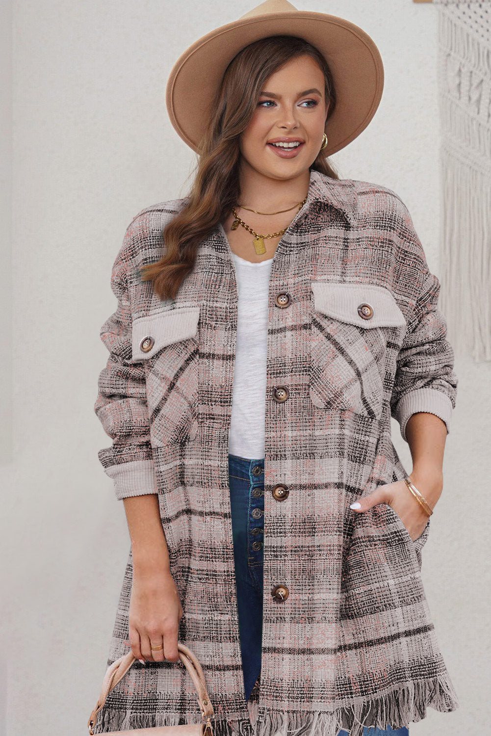 KaleaBoutique Plus Size Macrame Plaid Coat - KaleaBoutique.com