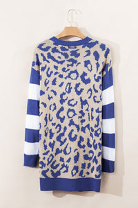 KaleaBoutique Stylish Stripe Sleeve Leopard Print Open Front Cardigan With Pockets - KaleaBoutique.com