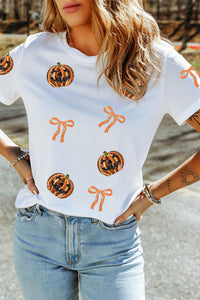 White Sequin Pumpkin Face & Bow Halloween Graphic Tee - KaleaBoutique.com