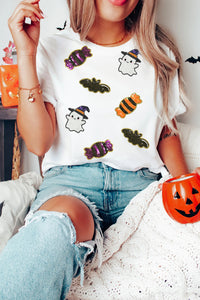 White Sequin Witch Ghost, Candy & Bat Halloween Graphic Tee - KaleaBoutique.com