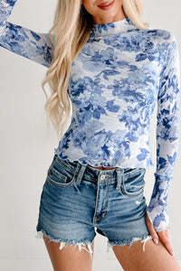 KaleaBoutique Stylish Floral Print Long Sleeve Stand Neck Mesh Top - KaleaBoutique.com